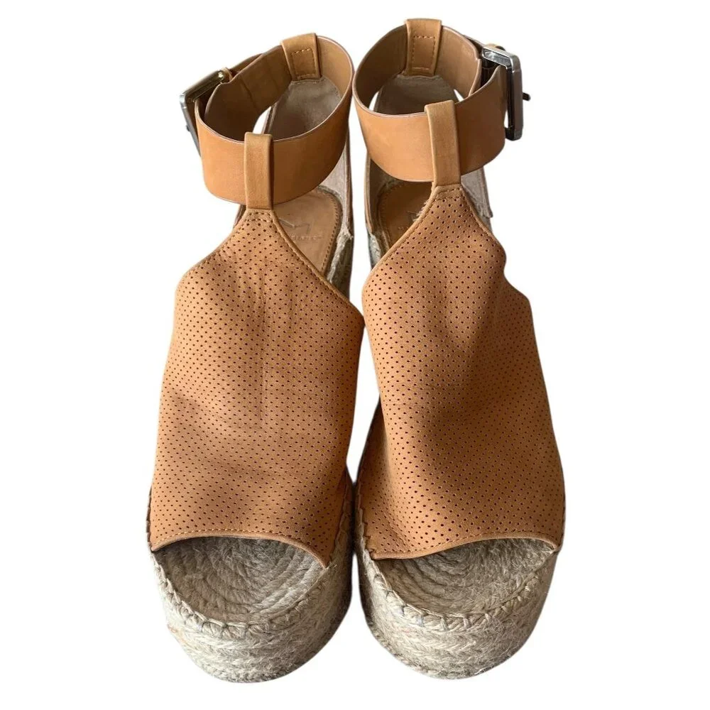 MARC FISHER Tan Leather Annie Perforated Espadrille Platform Wedge Sandals 8